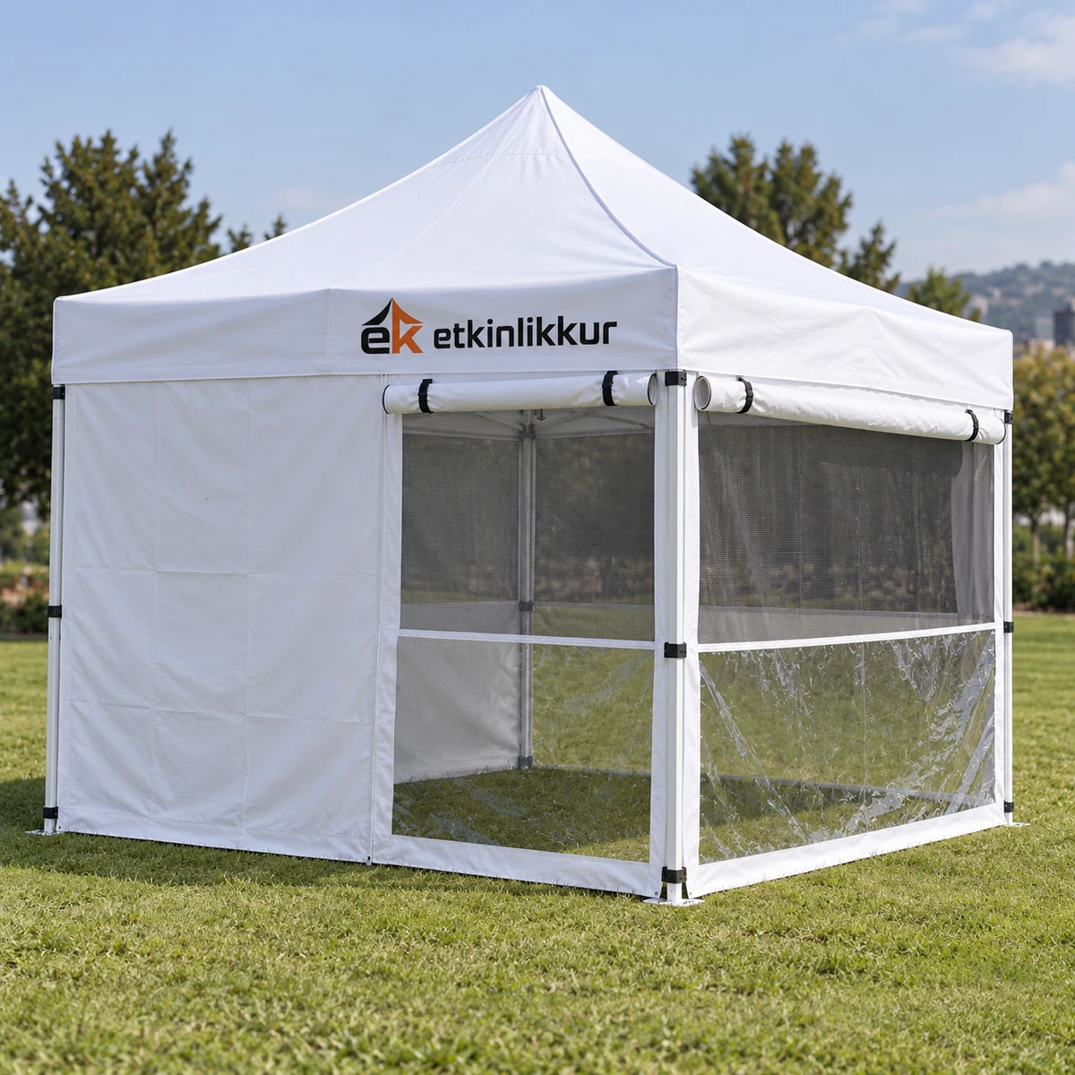 2×2 Gazebo 30’luk Çelik Gövdeli 1 Adet Tam Duvar 2 Adet Sineklik+Şeffaf+Perde Duvarlı Model