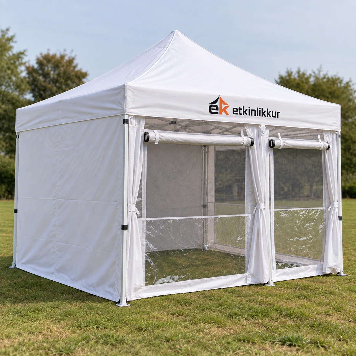 3×3 Gazebo 30’luk Çelik Gövdeli 1 Adet Tam Duvar 2 Adet Sineklik+Şeffaf+Perdeli Camlı Duvar Model