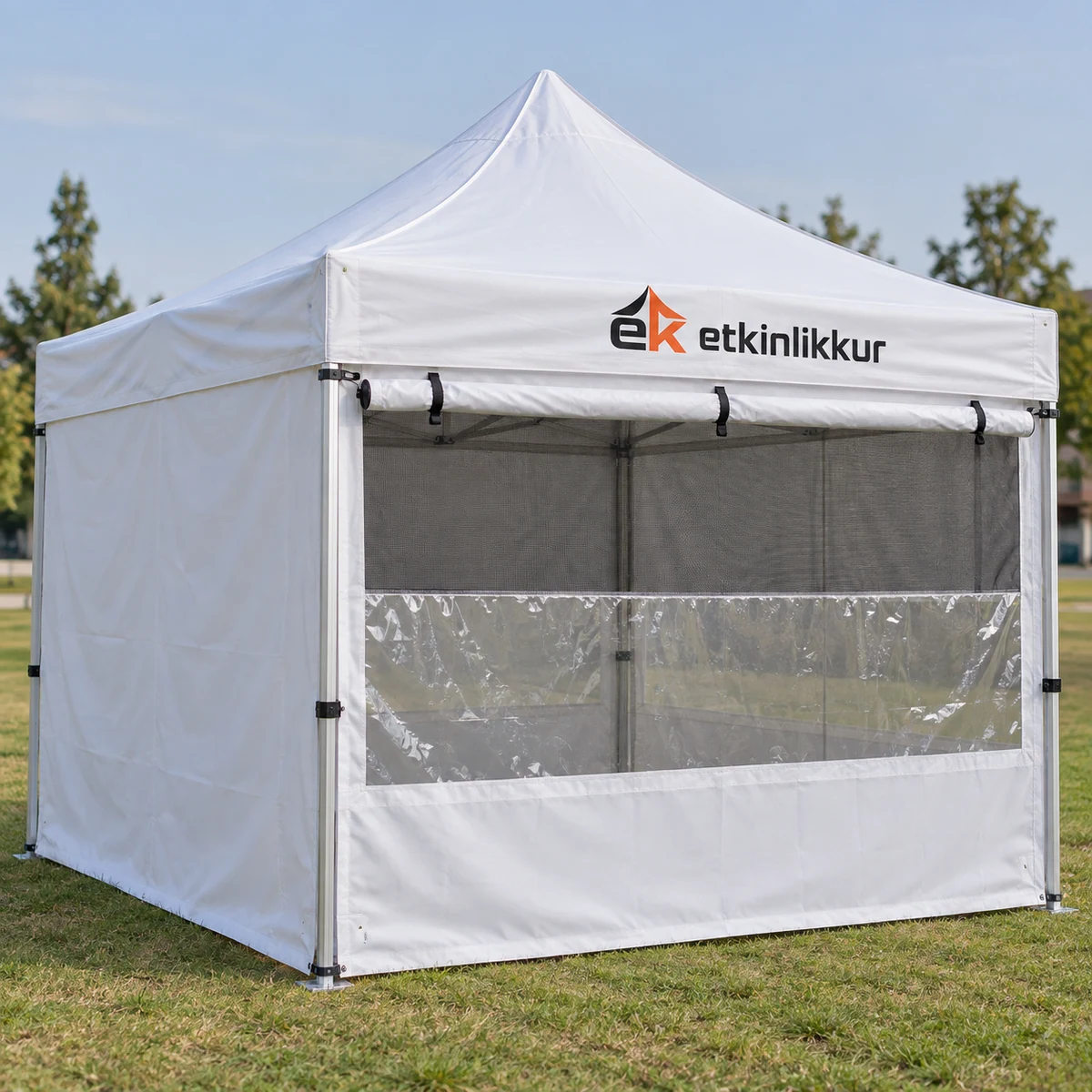3×3 Gazebo 40’lık Alüminyum Gövde 3 Adet Tam 1 Adet Sineklik+Şeffaf+Perde Duvarlı Model