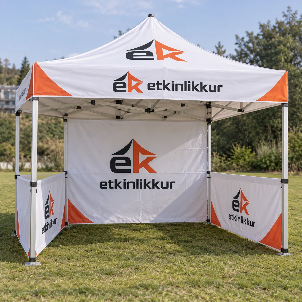 3×3 Gazebo Baskılı Tavan 40’lık Alüminyum İskelet 1 adet Baskılı Tam Duvar 2 Adet Baskılı Yarım Duvarlı Model