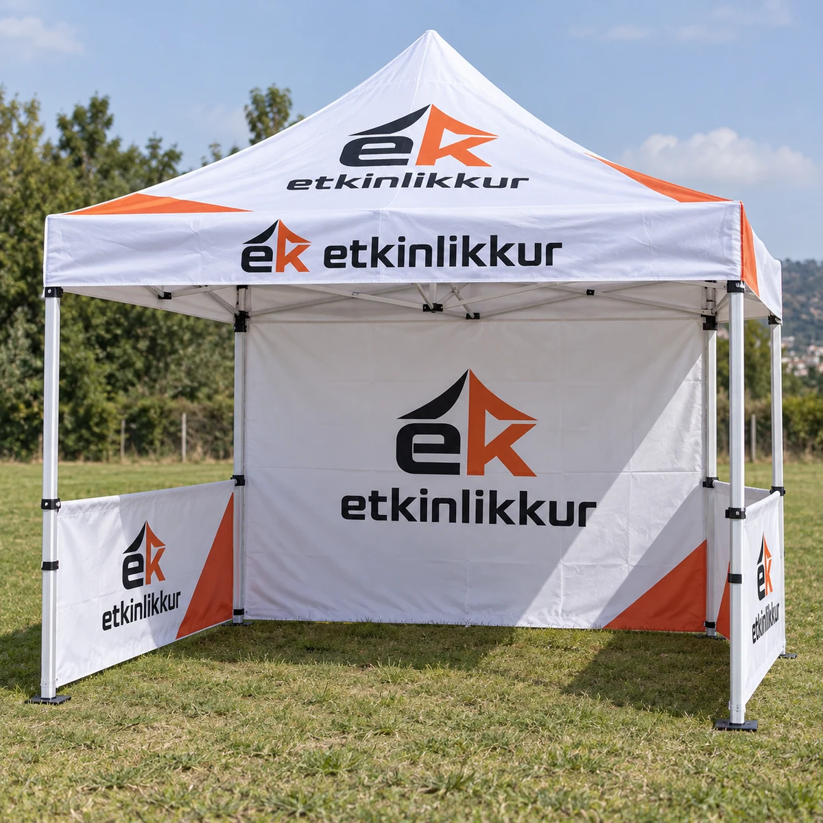 3×3 Gazebo Baskılı Tavan 40’lık Çelik İskelet 1 adet Baskılı Tam Duvar 2 Adet Baskılı Yarım Duvarlı Model