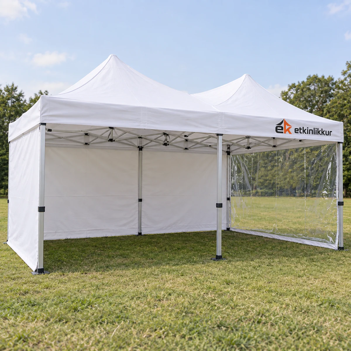 3×45 Gazebo 40’lık Alüminyum Gövde 2 Adet Tam 1 Adet Şeffaf Camlı Duvarlı Model