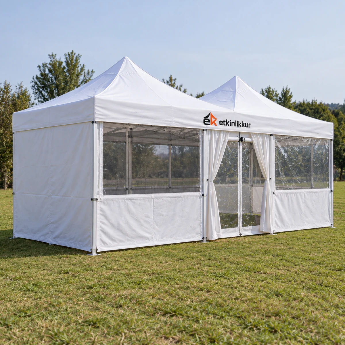 3×45 Gazebo 40’lık Çelik Gövde 3 Adet Tam 1 Adet Sineklik+Şeffaf+Perdeli Kapılı Camlı Duvarlı Model